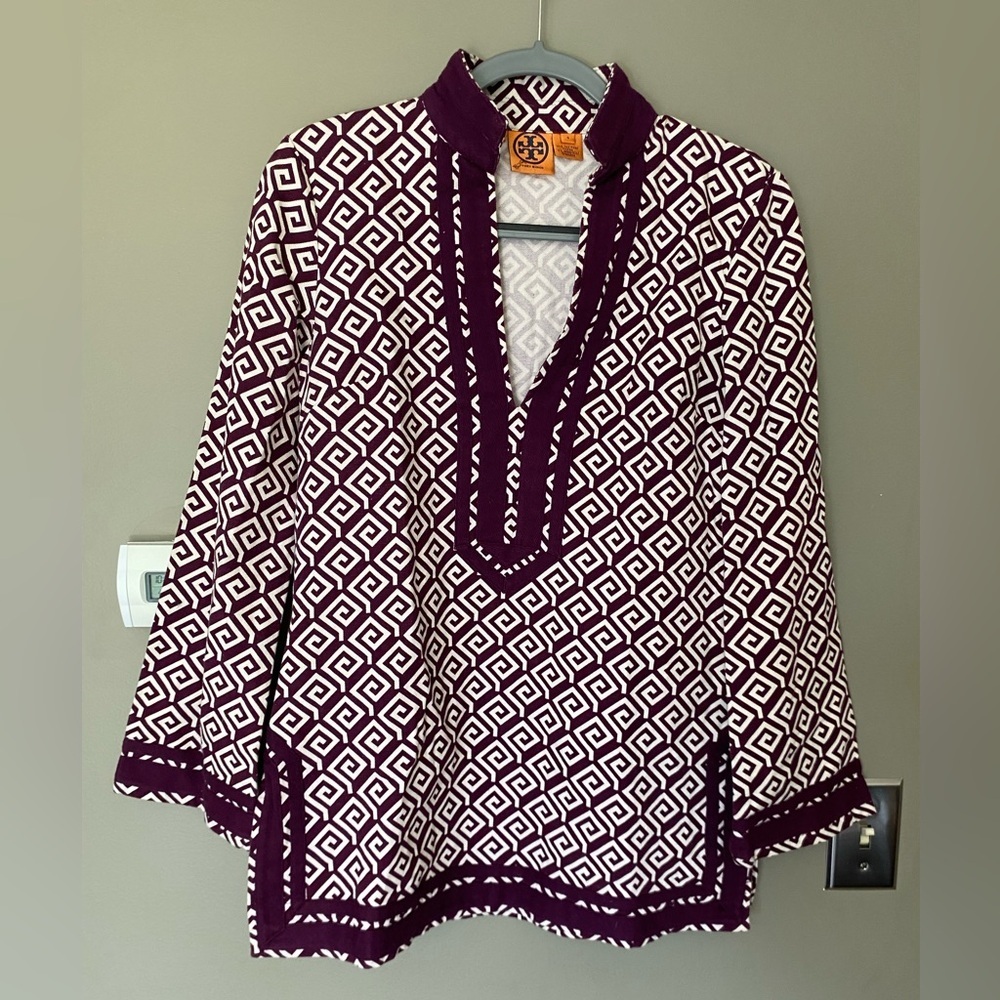 TORY BURCH Purple Wine & White Geo Print Long Sleeve Tunic Top Size 4